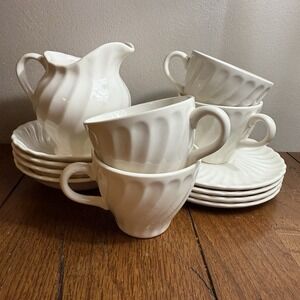 VTG 13 Piece Set- White Swirl Unmarked-4 Fruit Bowls 4-Saucers-4 Mugs-1 Creamer